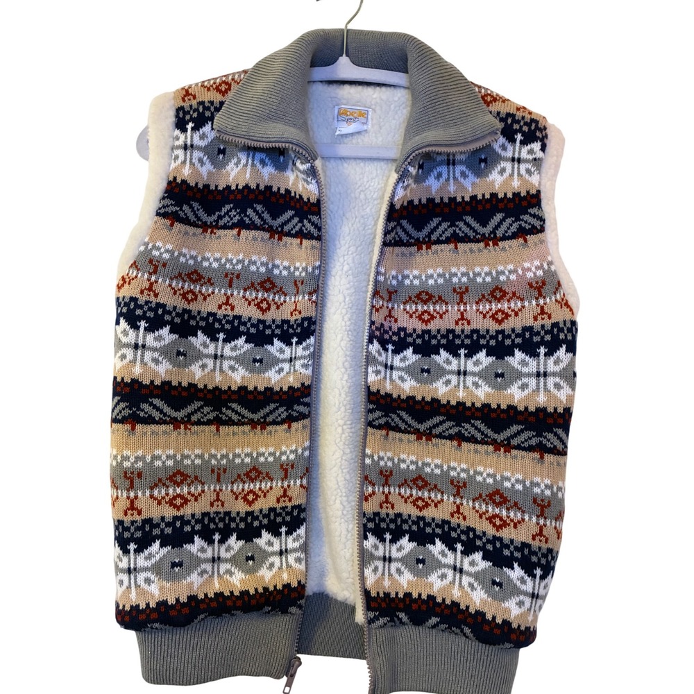 Vintage L'abeille Sport Fair Isle Knit Vest Faux Shearling Lined Navy Grey S